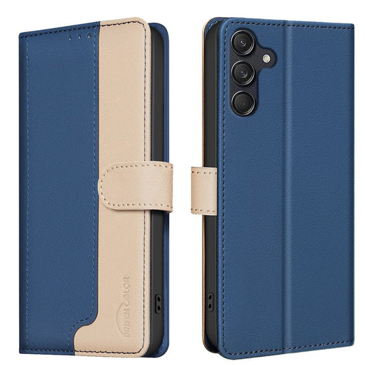 BINFEN COLOR BF33 For Samsung Galaxy F16 5G  /  M16 5G Leather Case Splicing Color RFID Blocking Wallet Stand Phone Cover - Blue