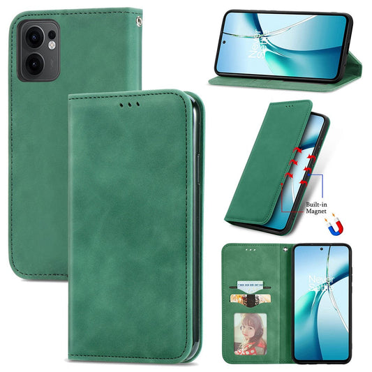For Oppo Reno13 F 5G Leather Case with Card Holder Magnetic Absorption Phone Cover - Green