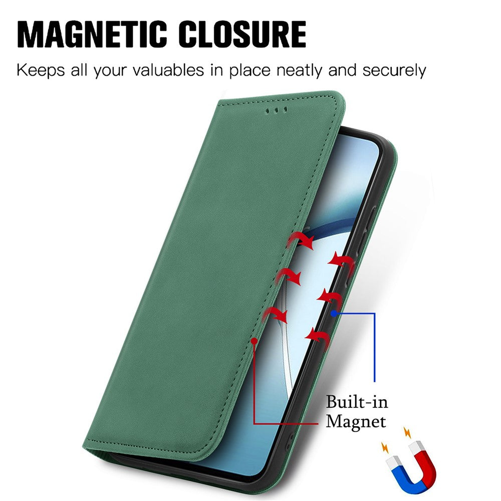 For Oppo Reno13 F 5G Leather Case with Card Holder Magnetic Absorption Phone Cover - Green