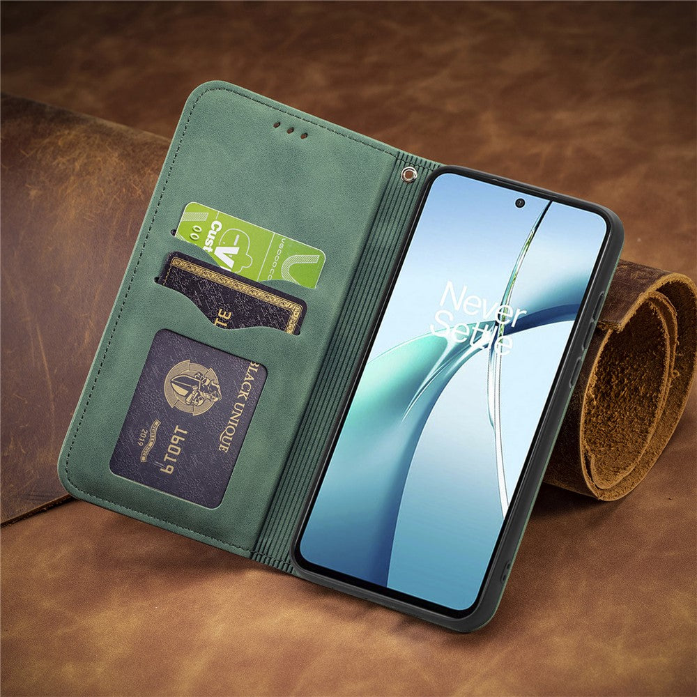 For Oppo Reno13 F 5G Leather Case with Card Holder Magnetic Absorption Phone Cover - Green