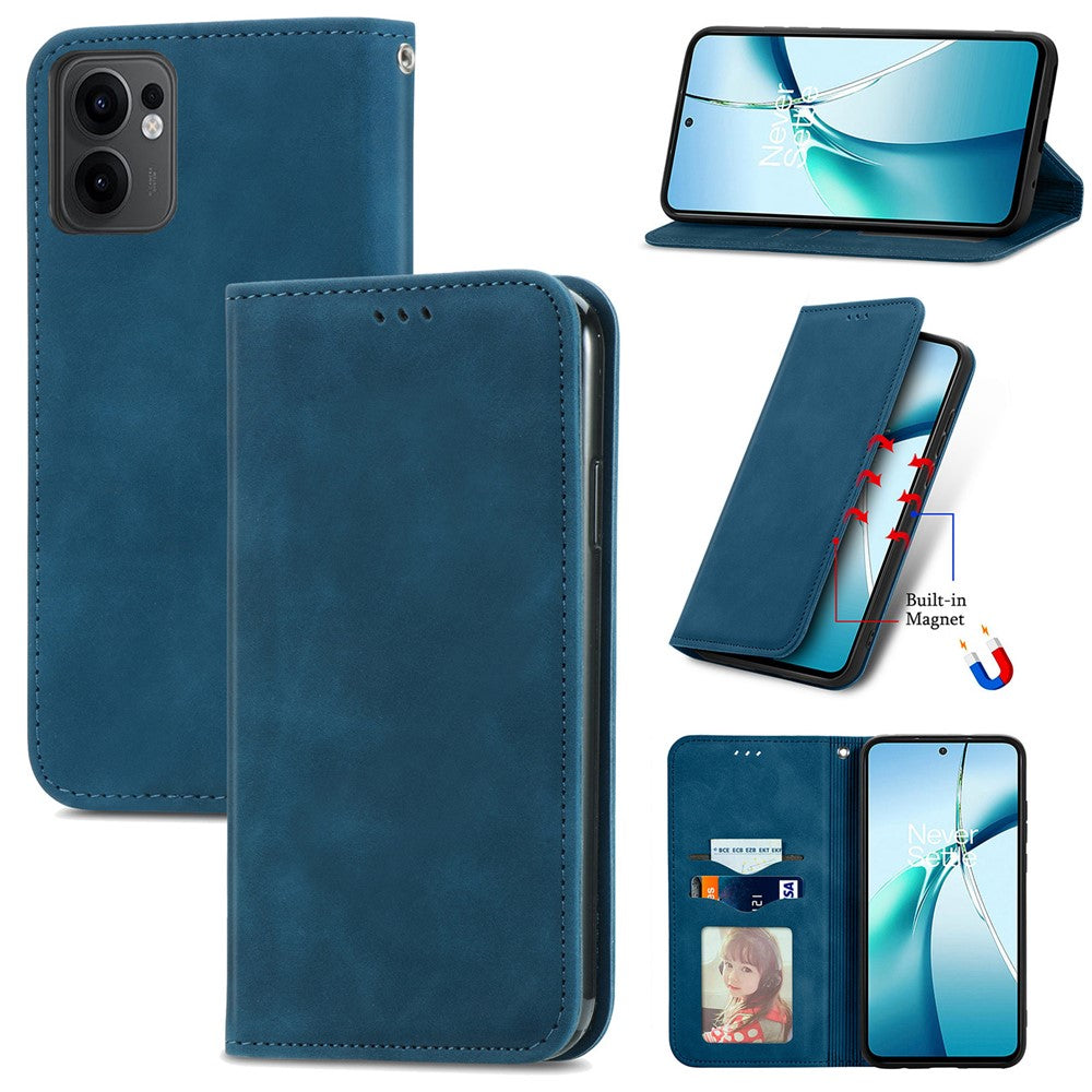 For Oppo Reno13 F 5G Leather Case with Card Holder Magnetic Absorption Phone Cover - Dark Blue