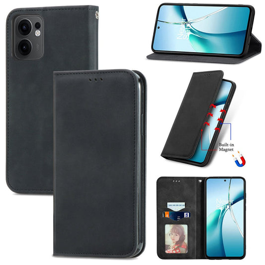 For Oppo Reno13 F 5G Leather Case with Card Holder Magnetic Absorption Phone Cover - Black