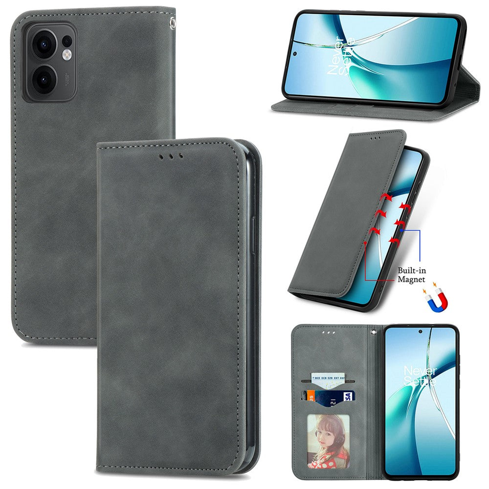 For Oppo Reno13 F 5G Leather Case with Card Holder Magnetic Absorption Phone Cover - Grey