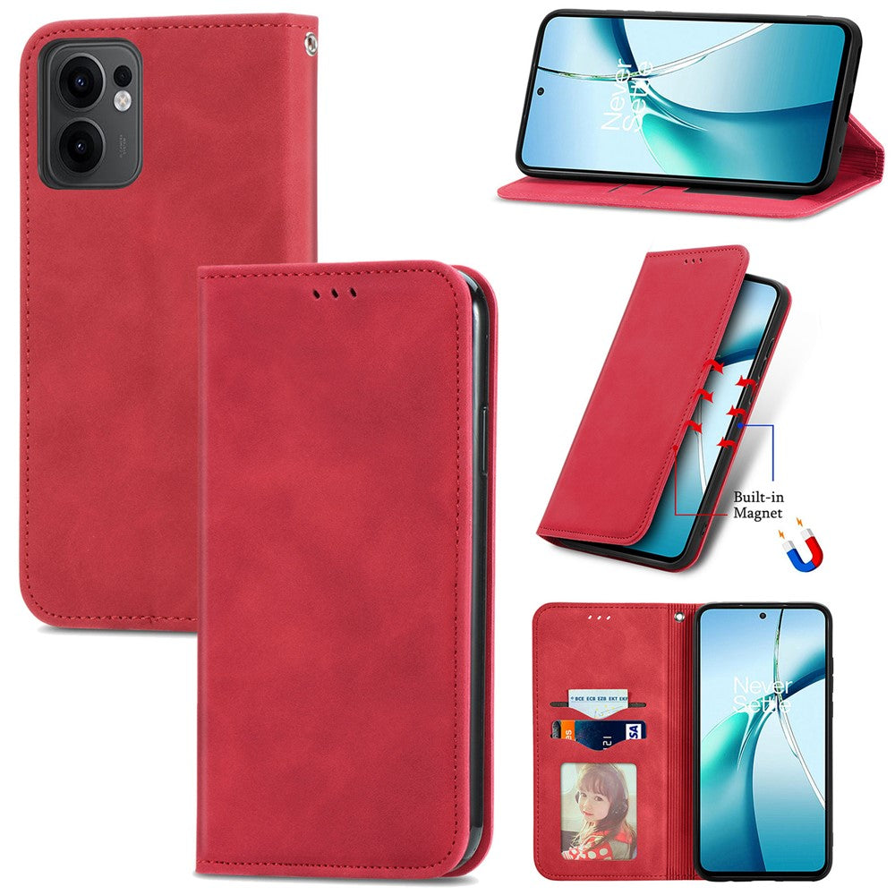 For Oppo Reno13 F 5G Leather Case with Card Holder Magnetic Absorption Phone Cover - Red