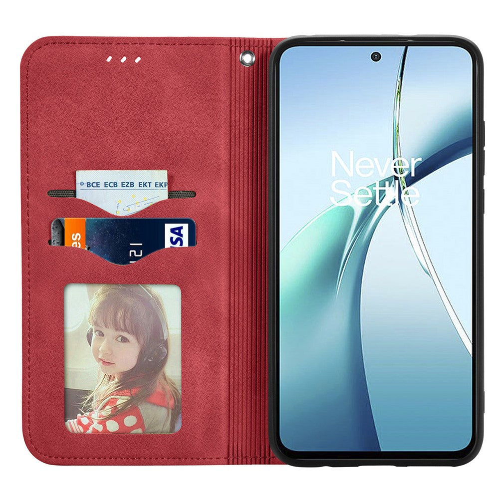For Oppo Reno13 F 5G Leather Case with Card Holder Magnetic Absorption Phone Cover - Red