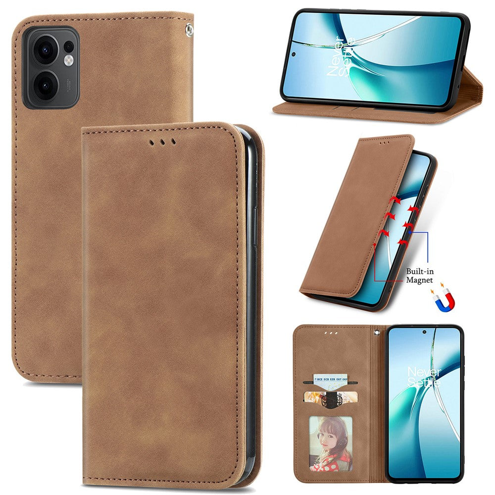 For Oppo Reno13 F 5G Leather Case with Card Holder Magnetic Absorption Phone Cover - Brown