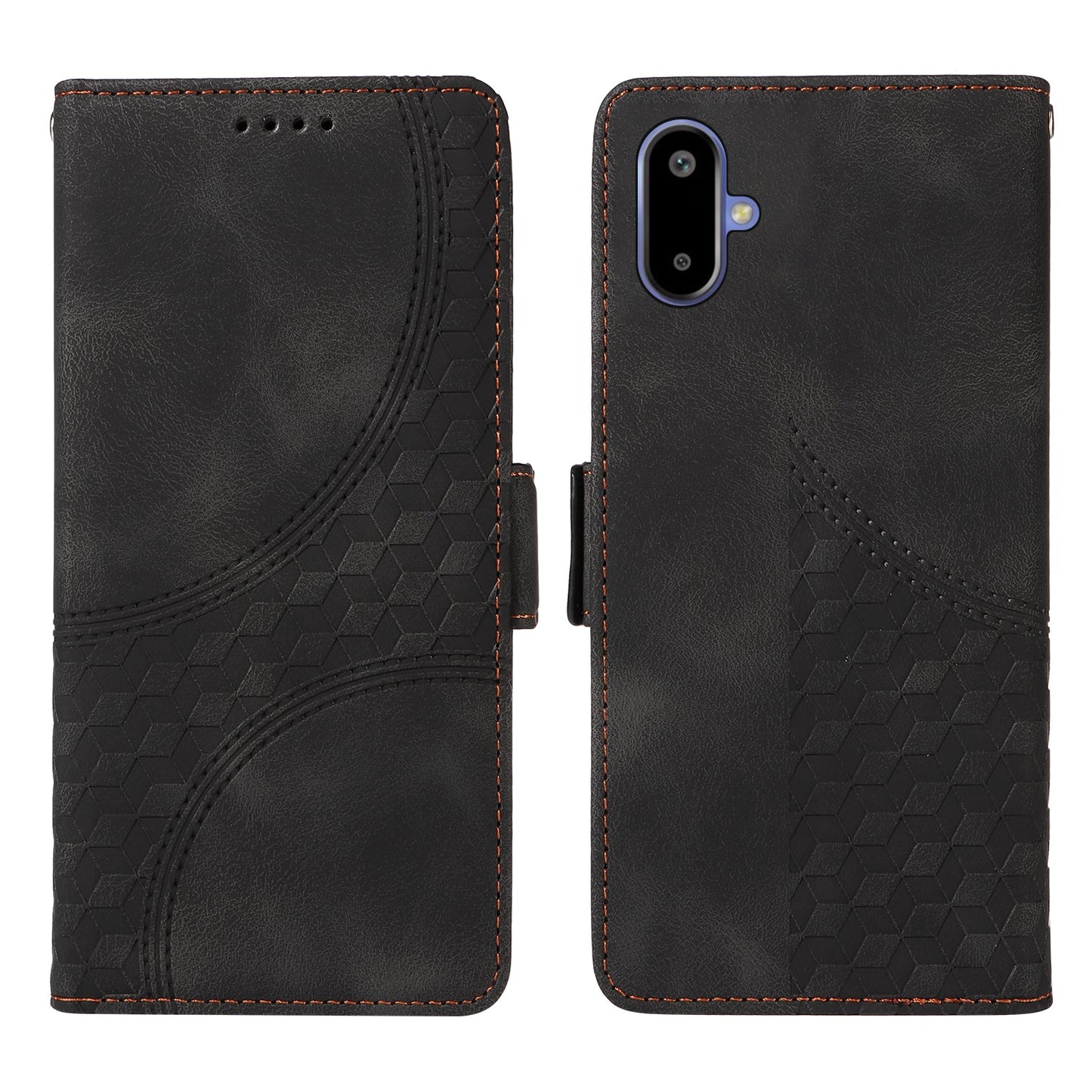For Samsung Galaxy F06 5G Leather Cases Wallet Rhombus Imprinted Phone Cover Stand with Strap - Black