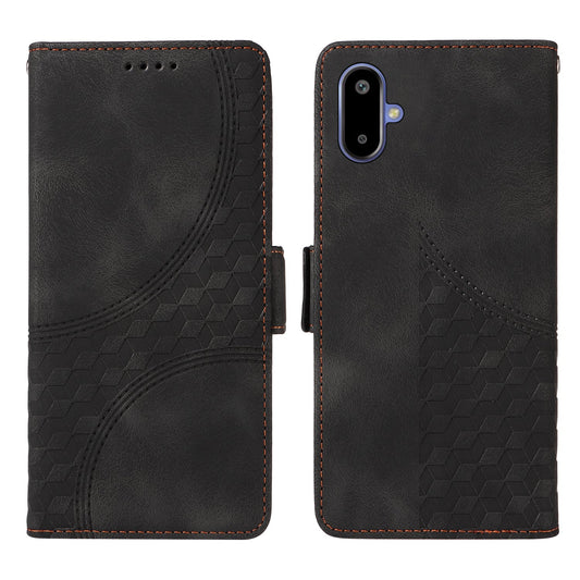 For Samsung Galaxy F06 5G Leather Cases Wallet Rhombus Imprinted Phone Cover Stand with Strap - Black