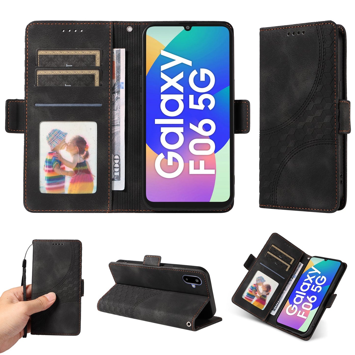 For Samsung Galaxy F06 5G Leather Cases Wallet Rhombus Imprinted Phone Cover Stand with Strap - Black