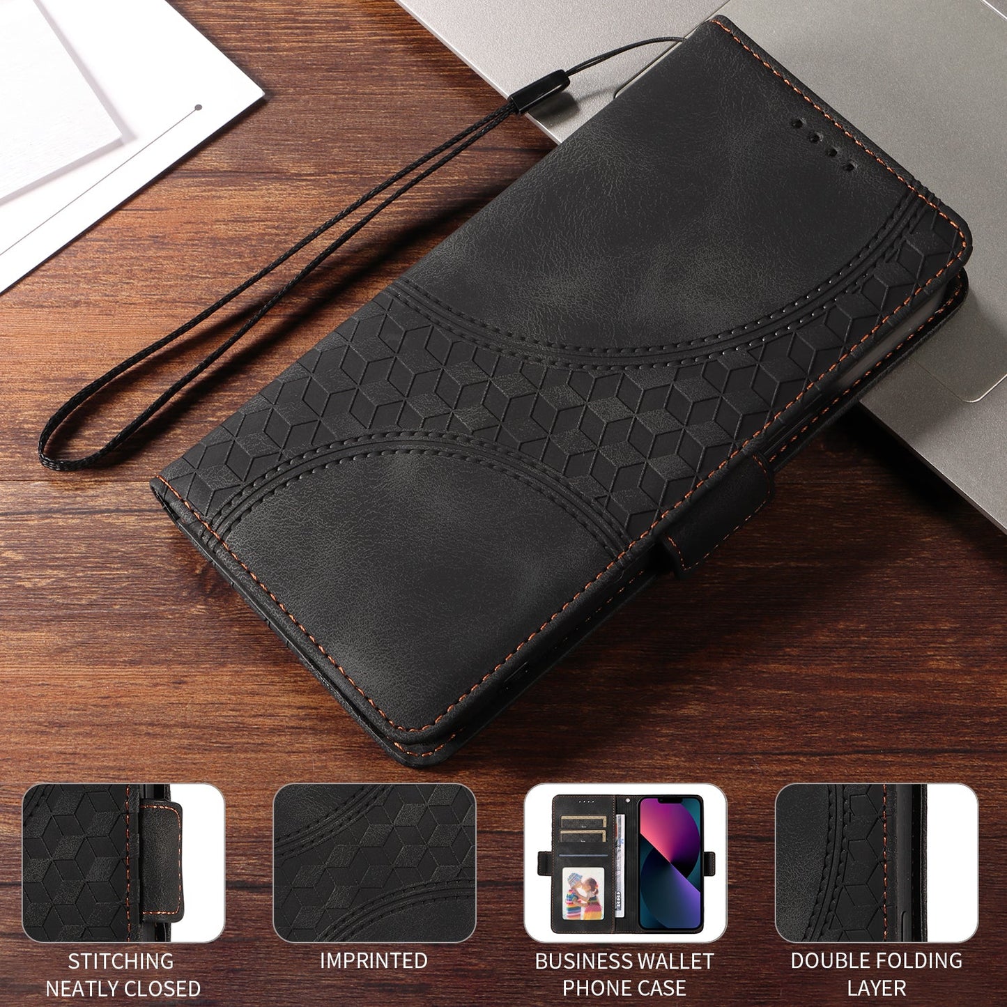 For Samsung Galaxy F06 5G Leather Cases Wallet Rhombus Imprinted Phone Cover Stand with Strap - Black