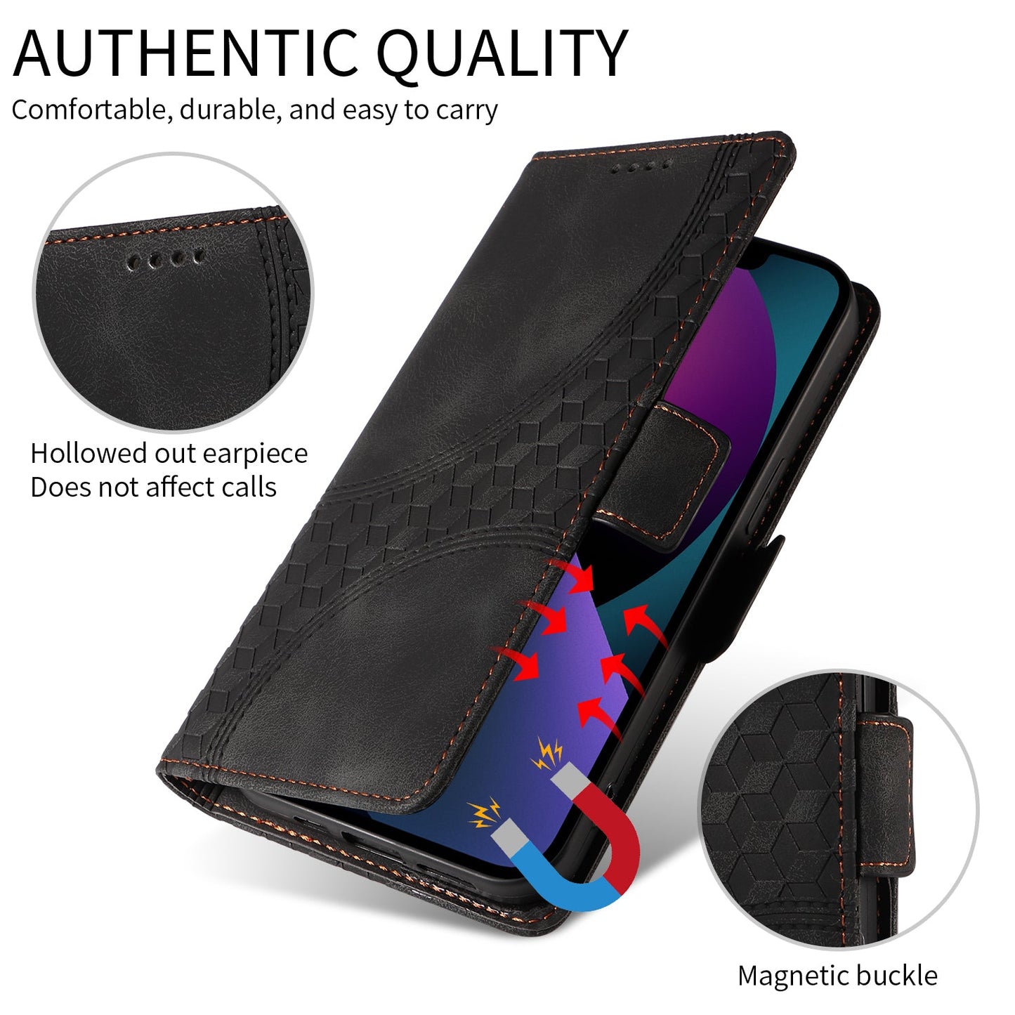 For Samsung Galaxy F06 5G Leather Cases Wallet Rhombus Imprinted Phone Cover Stand with Strap - Black