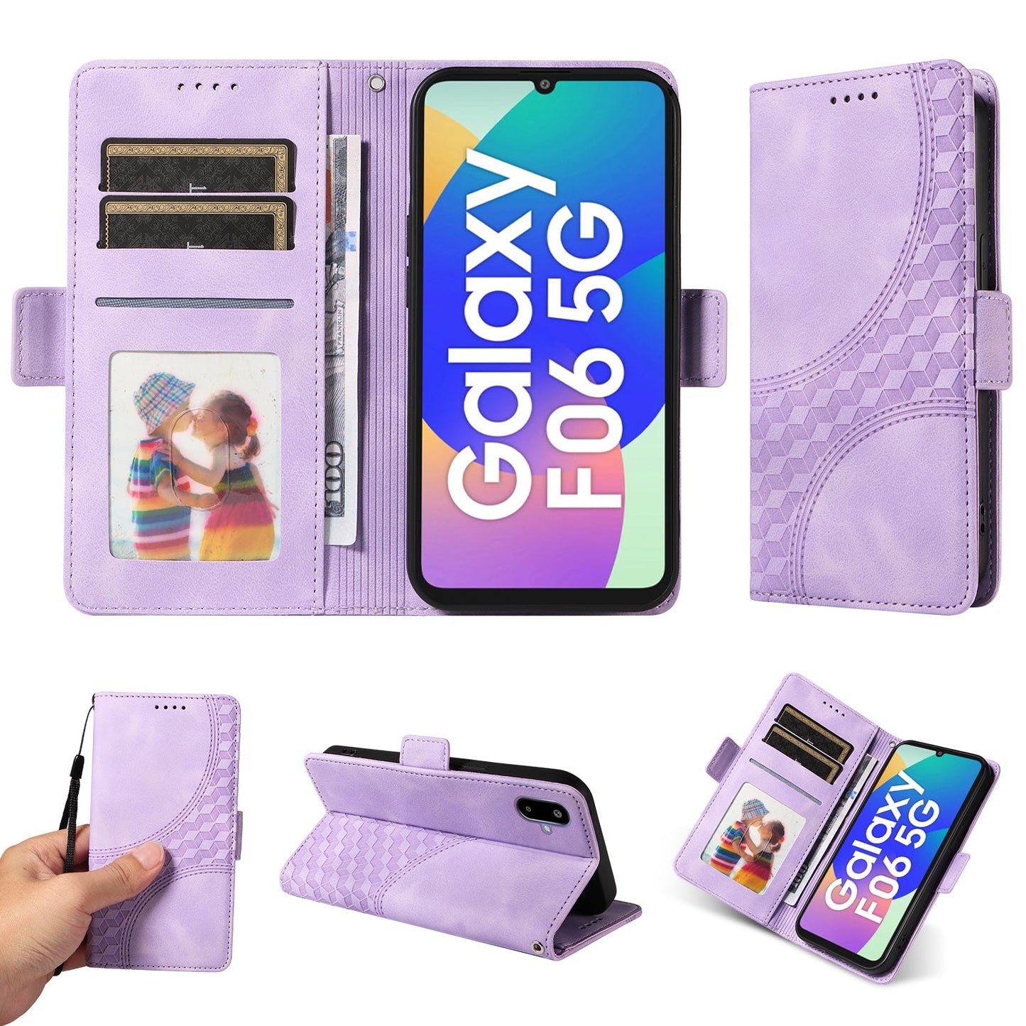 For Samsung Galaxy F06 5G Leather Cases Wallet Rhombus Imprinted Phone Cover Stand with Strap - Purple