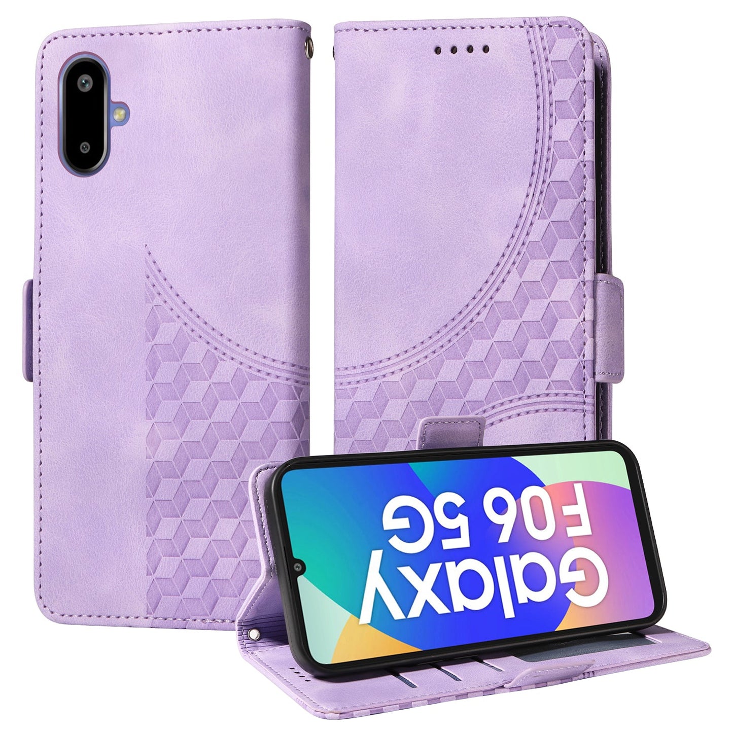 For Samsung Galaxy F06 5G Leather Cases Wallet Rhombus Imprinted Phone Cover Stand with Strap - Purple