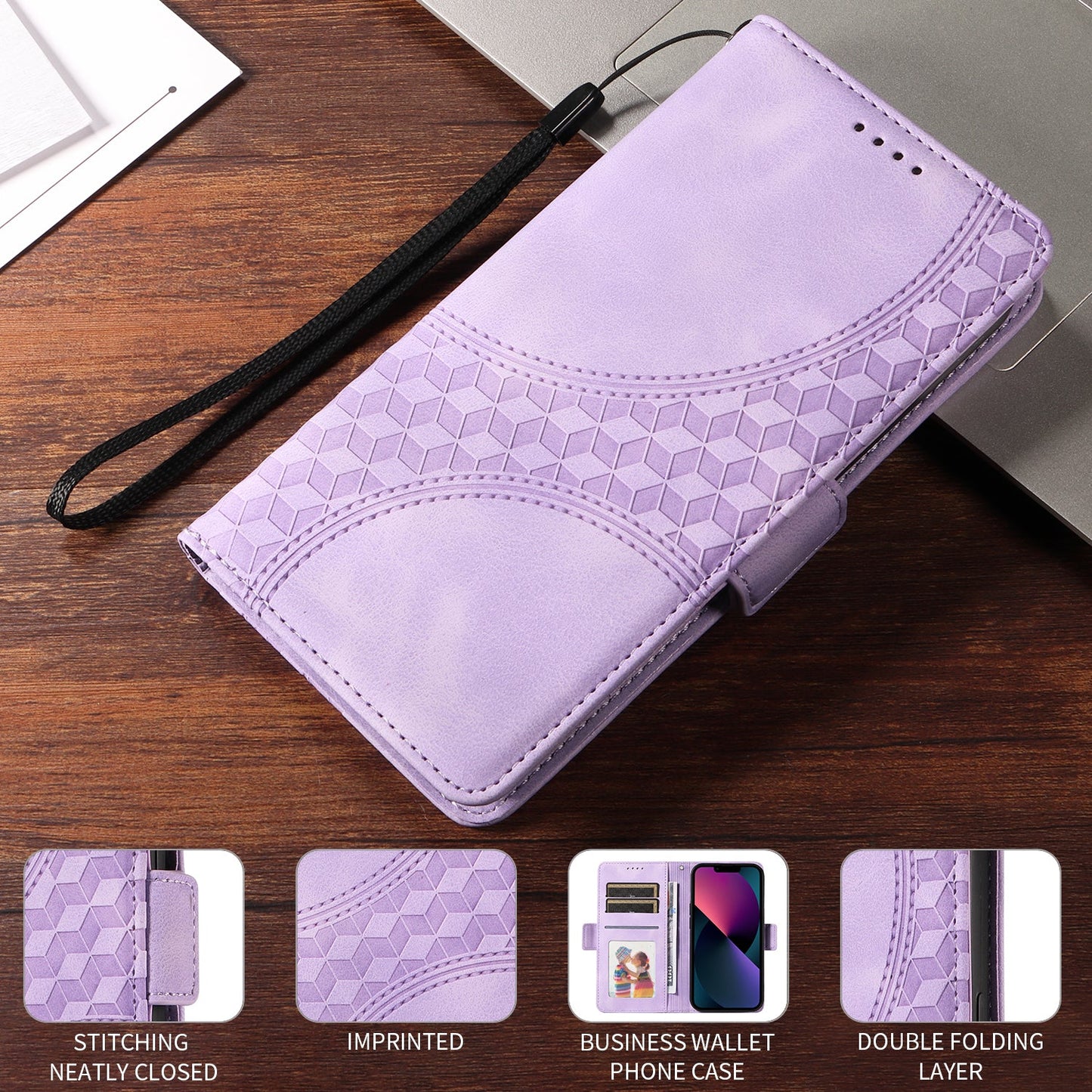 For Samsung Galaxy F06 5G Leather Cases Wallet Rhombus Imprinted Phone Cover Stand with Strap - Purple
