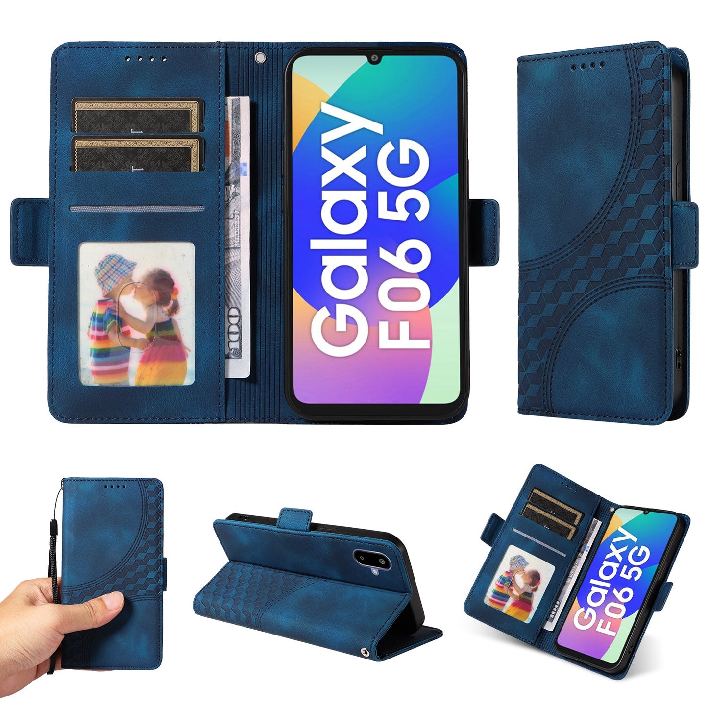 For Samsung Galaxy F06 5G Leather Cases Wallet Rhombus Imprinted Phone Cover Stand with Strap - Blue