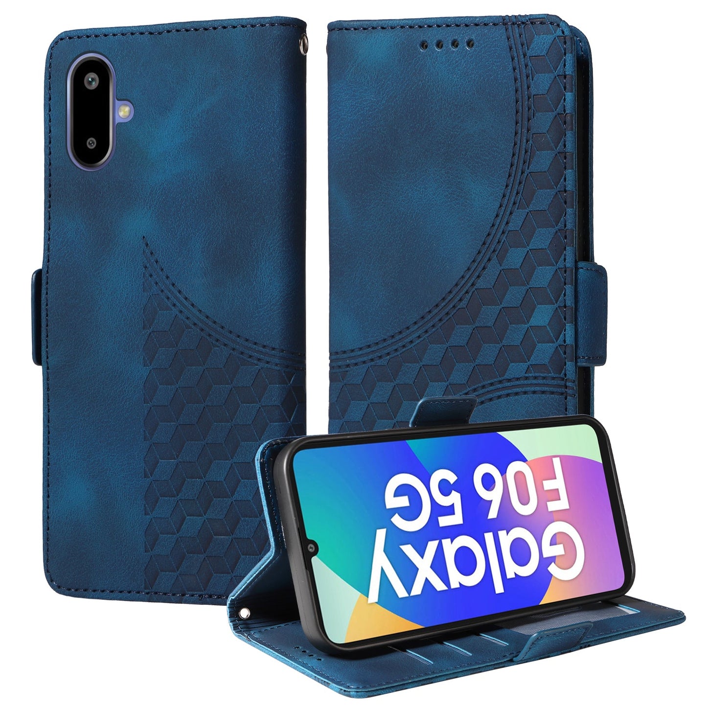 For Samsung Galaxy F06 5G Leather Cases Wallet Rhombus Imprinted Phone Cover Stand with Strap - Blue