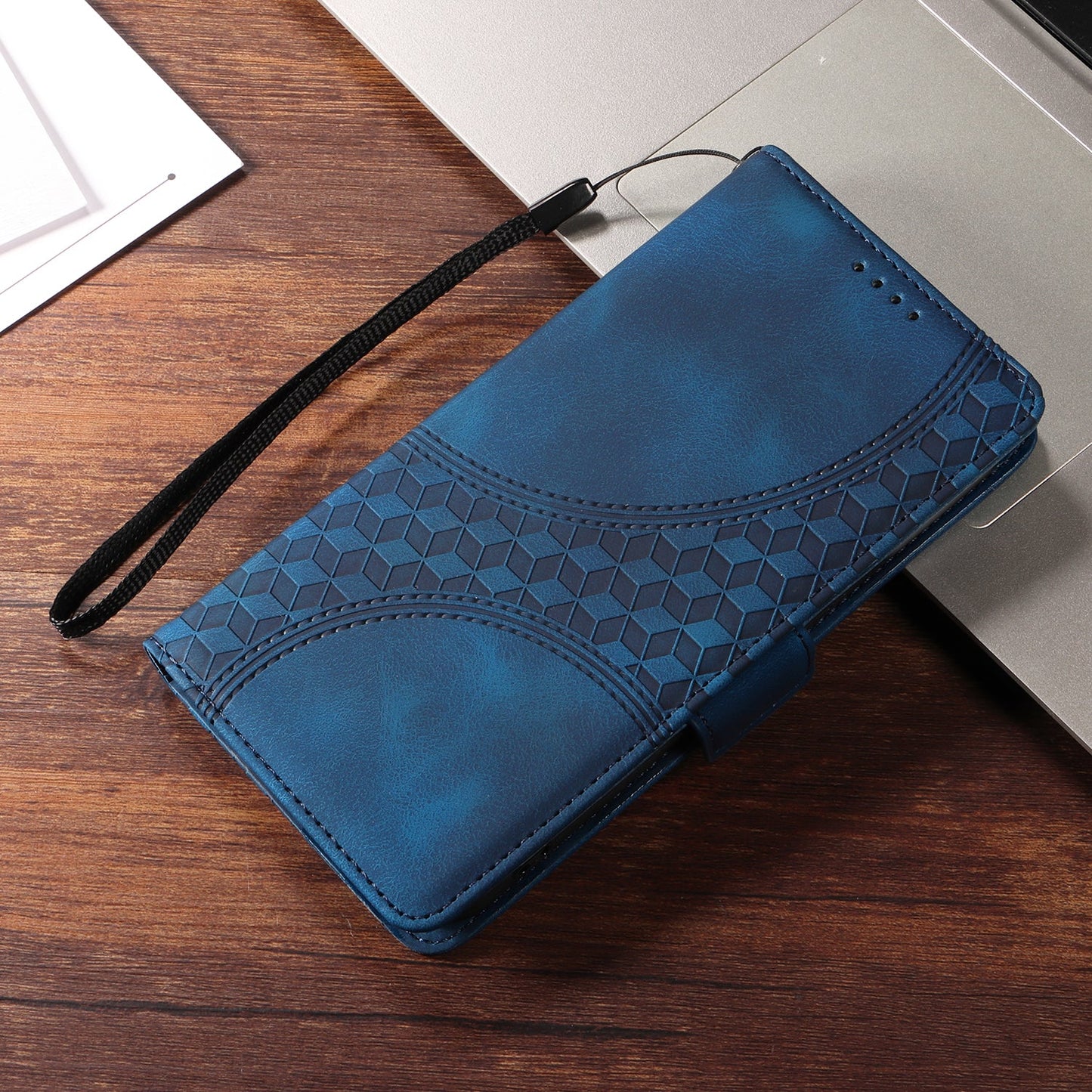 For Samsung Galaxy F06 5G Leather Cases Wallet Rhombus Imprinted Phone Cover Stand with Strap - Blue