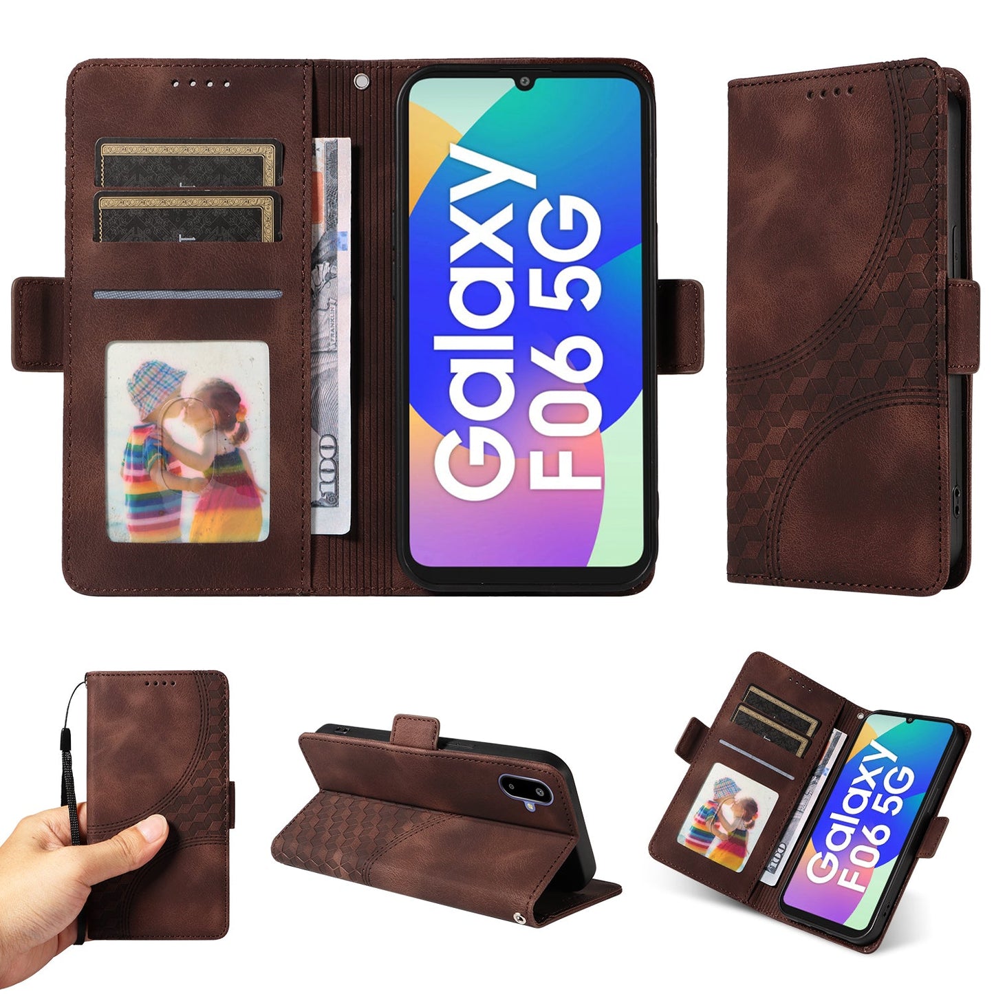 For Samsung Galaxy F06 5G Leather Cases Wallet Rhombus Imprinted Phone Cover Stand with Strap - Brown
