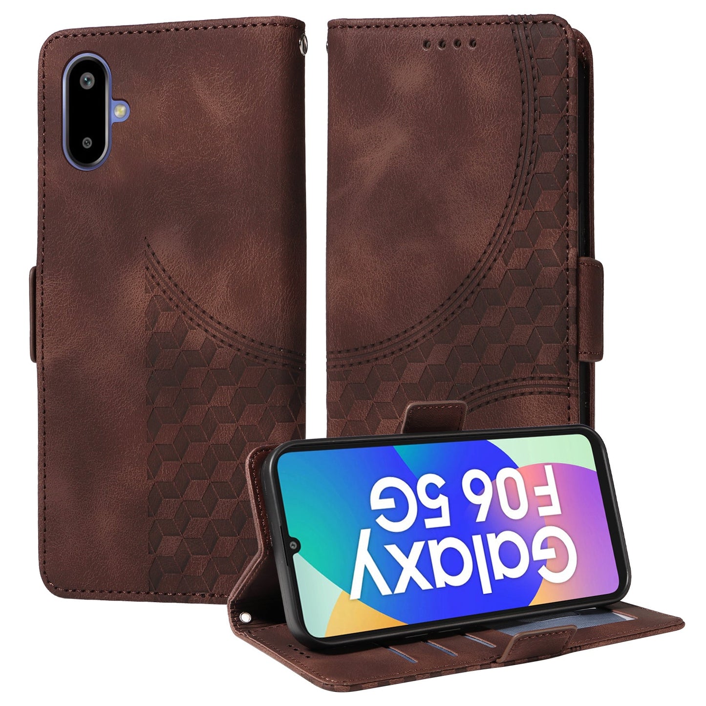 For Samsung Galaxy F06 5G Leather Cases Wallet Rhombus Imprinted Phone Cover Stand with Strap - Brown