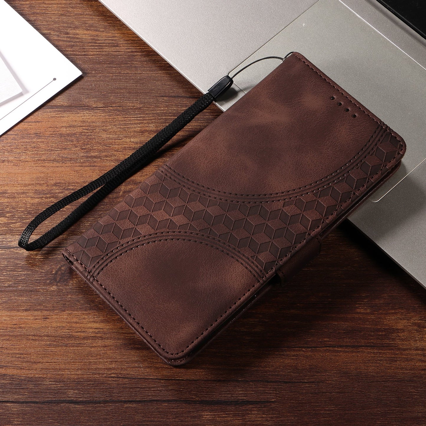 For Samsung Galaxy F06 5G Leather Cases Wallet Rhombus Imprinted Phone Cover Stand with Strap - Brown