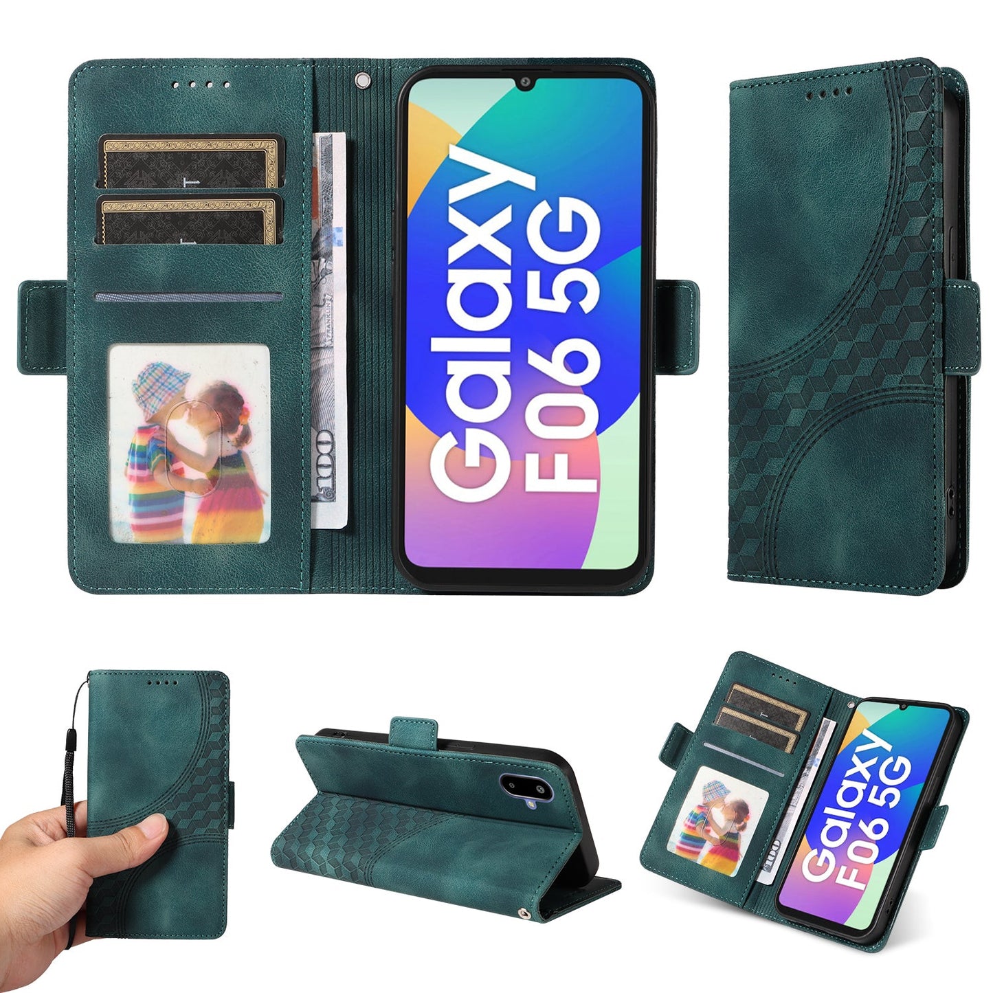 For Samsung Galaxy F06 5G Leather Cases Wallet Rhombus Imprinted Phone Cover Stand with Strap - Green
