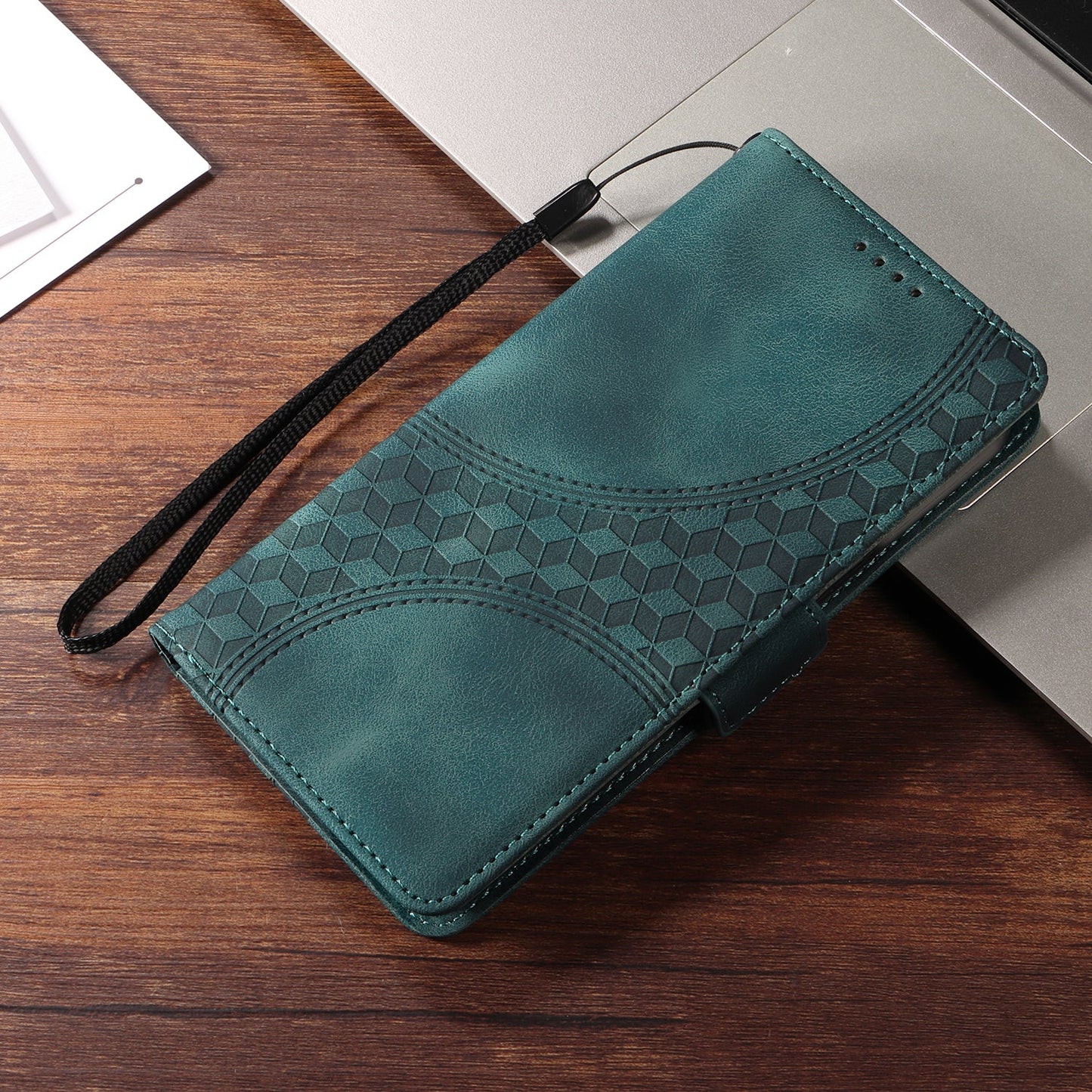 For Samsung Galaxy F06 5G Leather Cases Wallet Rhombus Imprinted Phone Cover Stand with Strap - Green