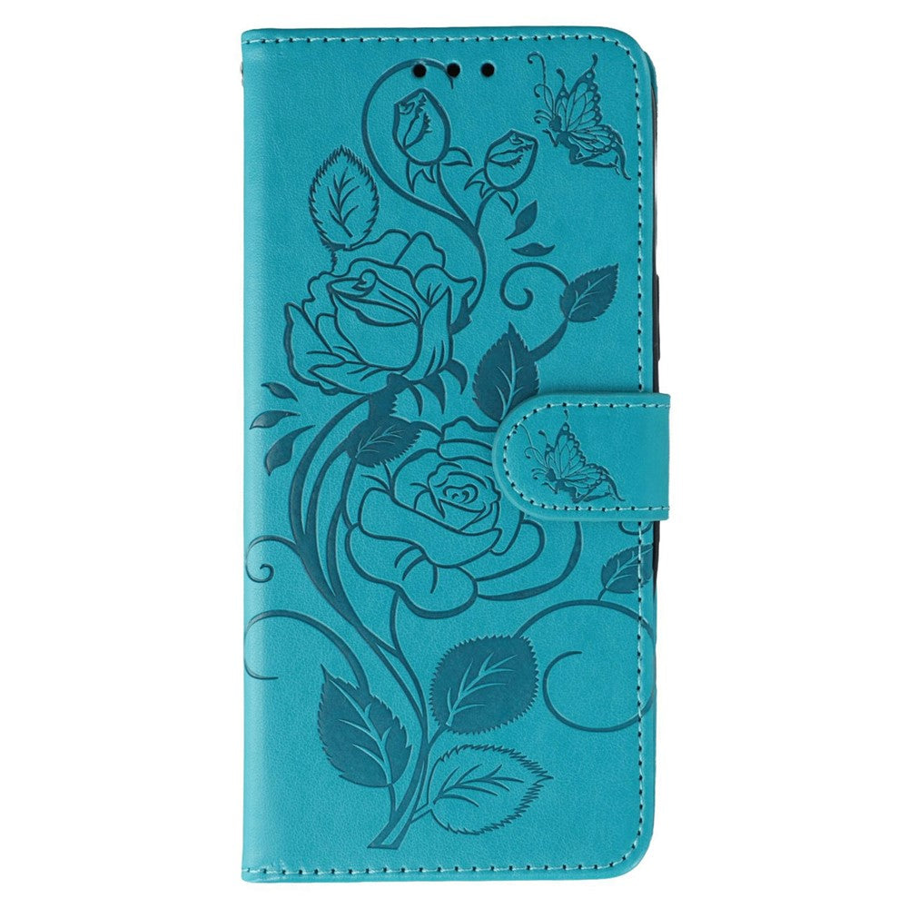 For Oppo Reno13 5G (Global) Case Wallet Stand Imprinted Rose Butterfly PU Leather Phone Cover - Blue