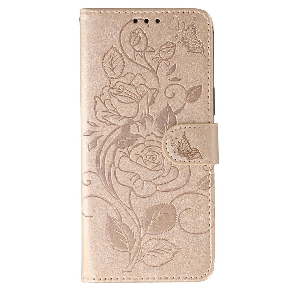 For Oppo Reno13 5G (Global) Case Wallet Stand Imprinted Rose Butterfly PU Leather Phone Cover - Rose Gold