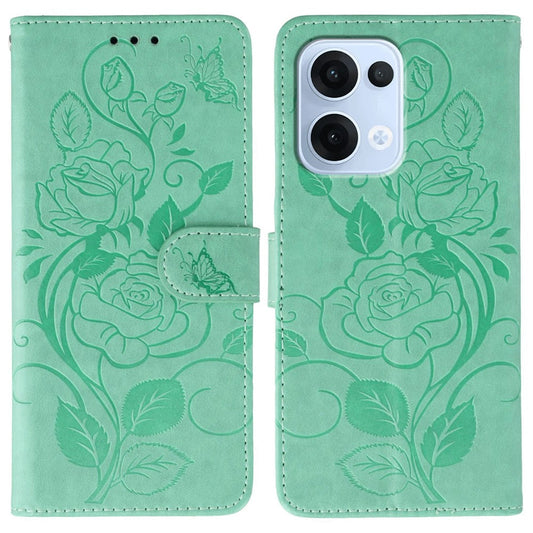 For Oppo Reno13 5G (Global) Case Wallet Stand Imprinted Rose Butterfly PU Leather Phone Cover - Green