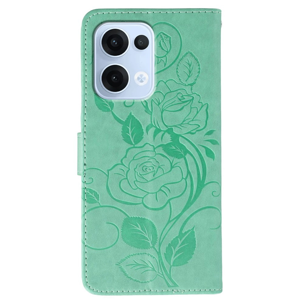 For Oppo Reno13 5G (Global) Case Wallet Stand Imprinted Rose Butterfly PU Leather Phone Cover - Green