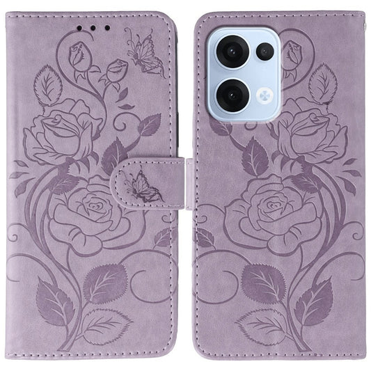 For Oppo Reno13 5G (Global) Case Wallet Stand Imprinted Rose Butterfly PU Leather Phone Cover - Purple