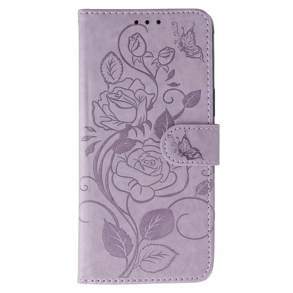 For Oppo Reno13 5G (Global) Case Wallet Stand Imprinted Rose Butterfly PU Leather Phone Cover - Purple