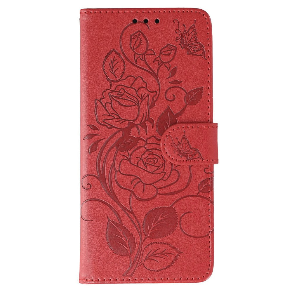 For Oppo Reno13 5G (Global) Case Wallet Stand Imprinted Rose Butterfly PU Leather Phone Cover - Red
