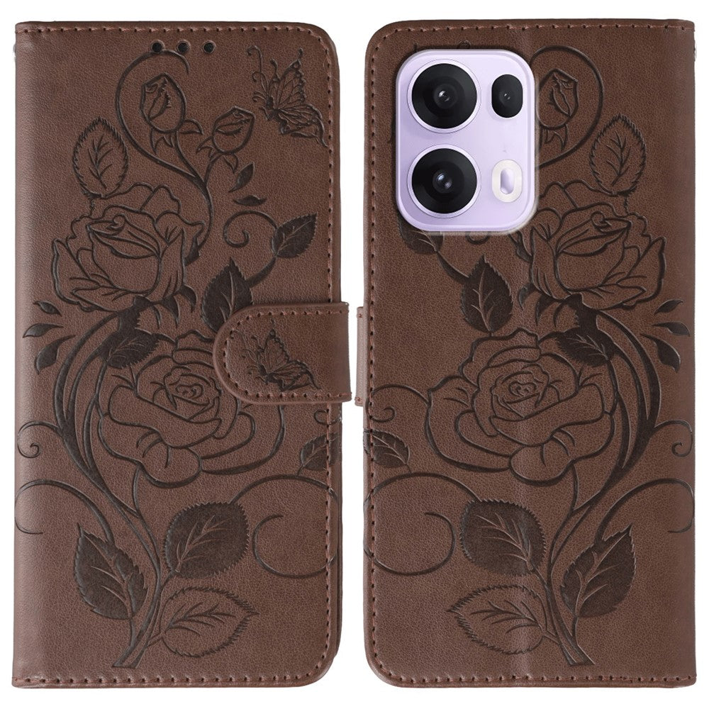 For Oppo Reno13 Pro 5G Case Wallet Stand Imprinted Rose Butterfly PU Leather Phone Cover - Brown