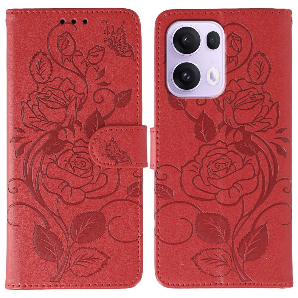 For Oppo Reno13 Pro 5G Case Wallet Stand Imprinted Rose Butterfly PU Leather Phone Cover - Red