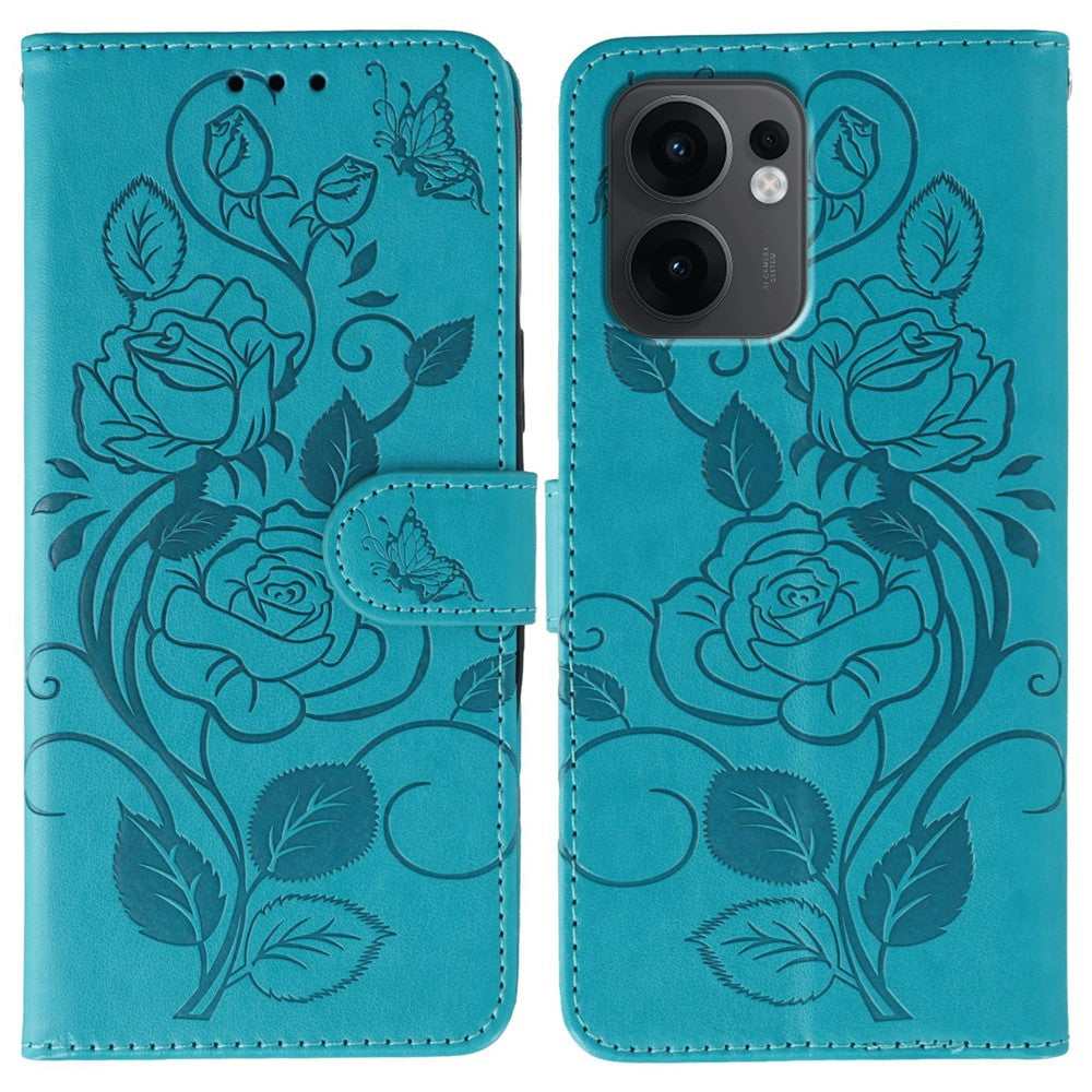 For Oppo Reno13 F 4G / 5G Case Wallet Stand Imprinted Rose Butterfly PU Leather Phone Cover - Blue