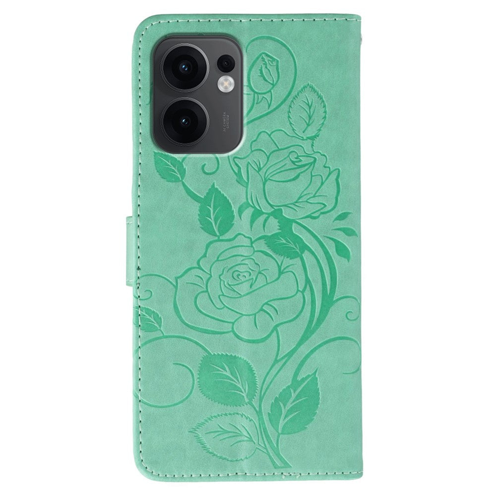 For Oppo Reno13 F 4G / 5G Case Wallet Stand Imprinted Rose Butterfly PU Leather Phone Cover - Green