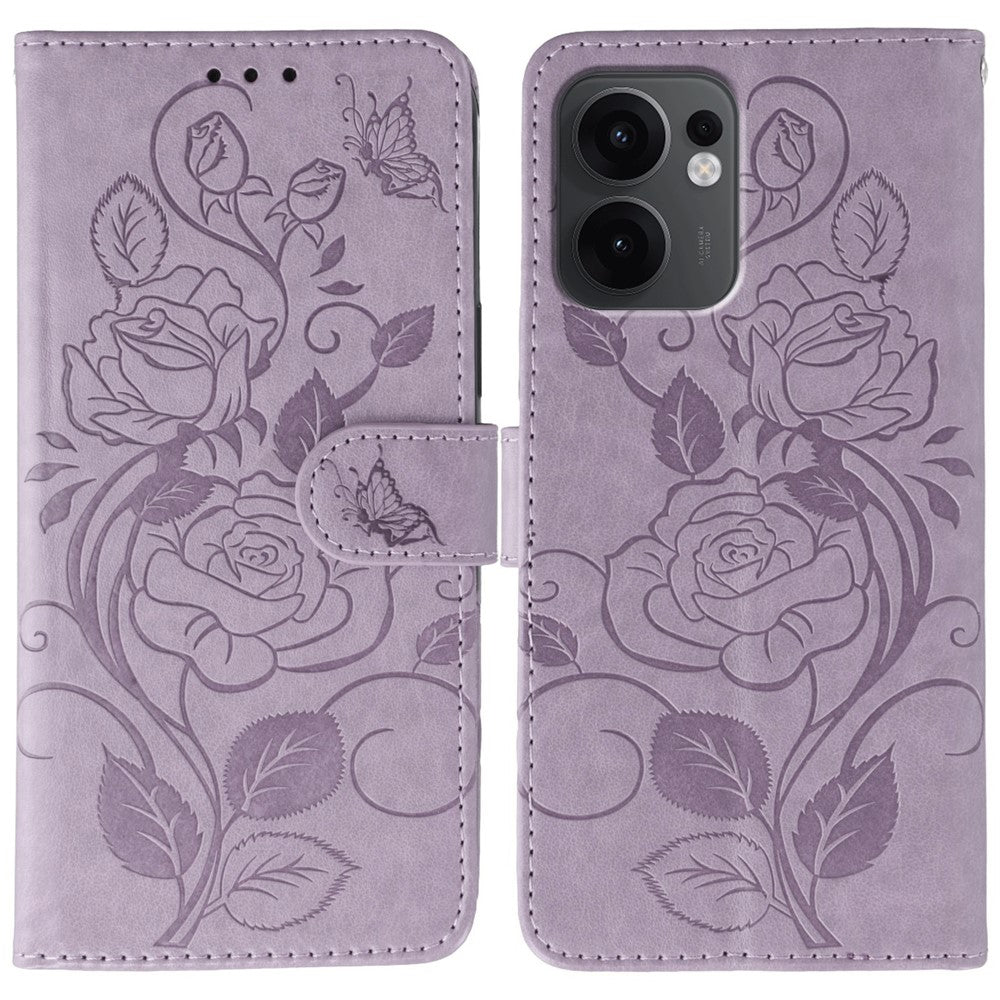 For Oppo Reno13 F 4G / 5G Case Wallet Stand Imprinted Rose Butterfly PU Leather Phone Cover - Purple