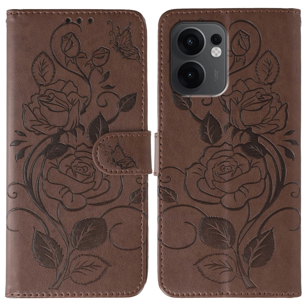 For Oppo Reno13 F 4G / 5G Case Wallet Stand Imprinted Rose Butterfly PU Leather Phone Cover - Brown