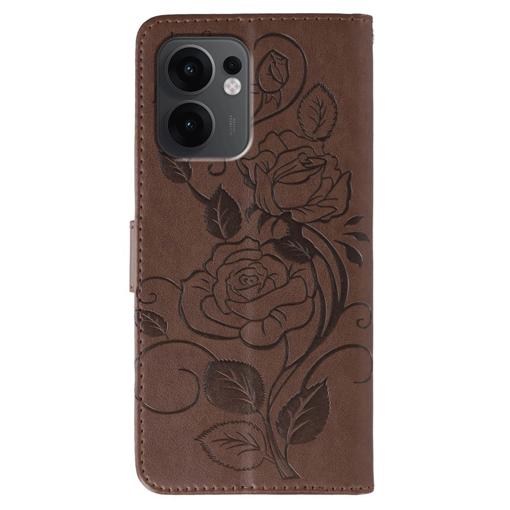 For Oppo Reno13 F 4G / 5G Case Wallet Stand Imprinted Rose Butterfly PU Leather Phone Cover - Brown