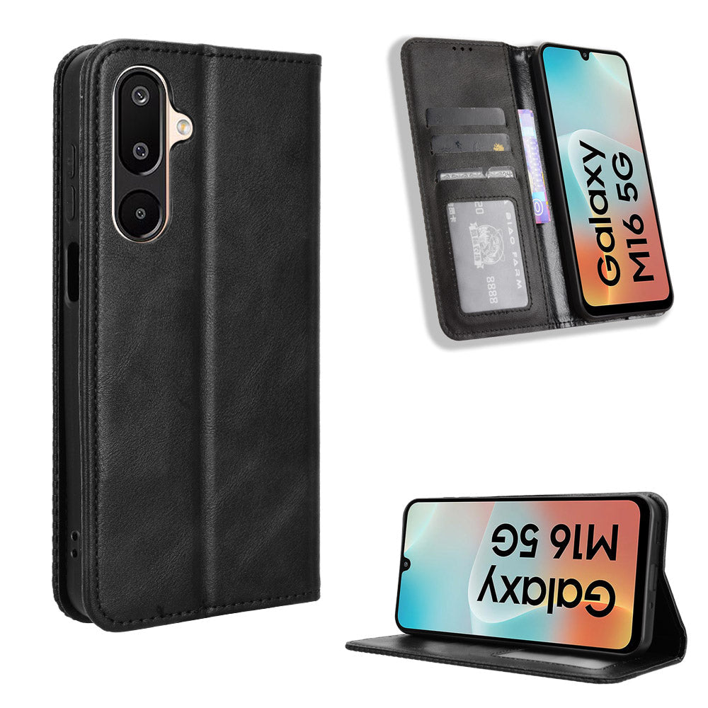 For Samsung Galaxy M16 5G / Galaxy F16 5G Retro PU Leather Case Phone Wallet Stand Cover - Black