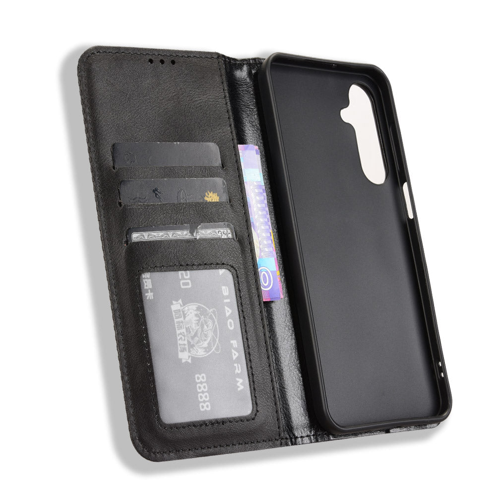 For Samsung Galaxy M16 5G / Galaxy F16 5G Retro PU Leather Case Phone Wallet Stand Cover - Black
