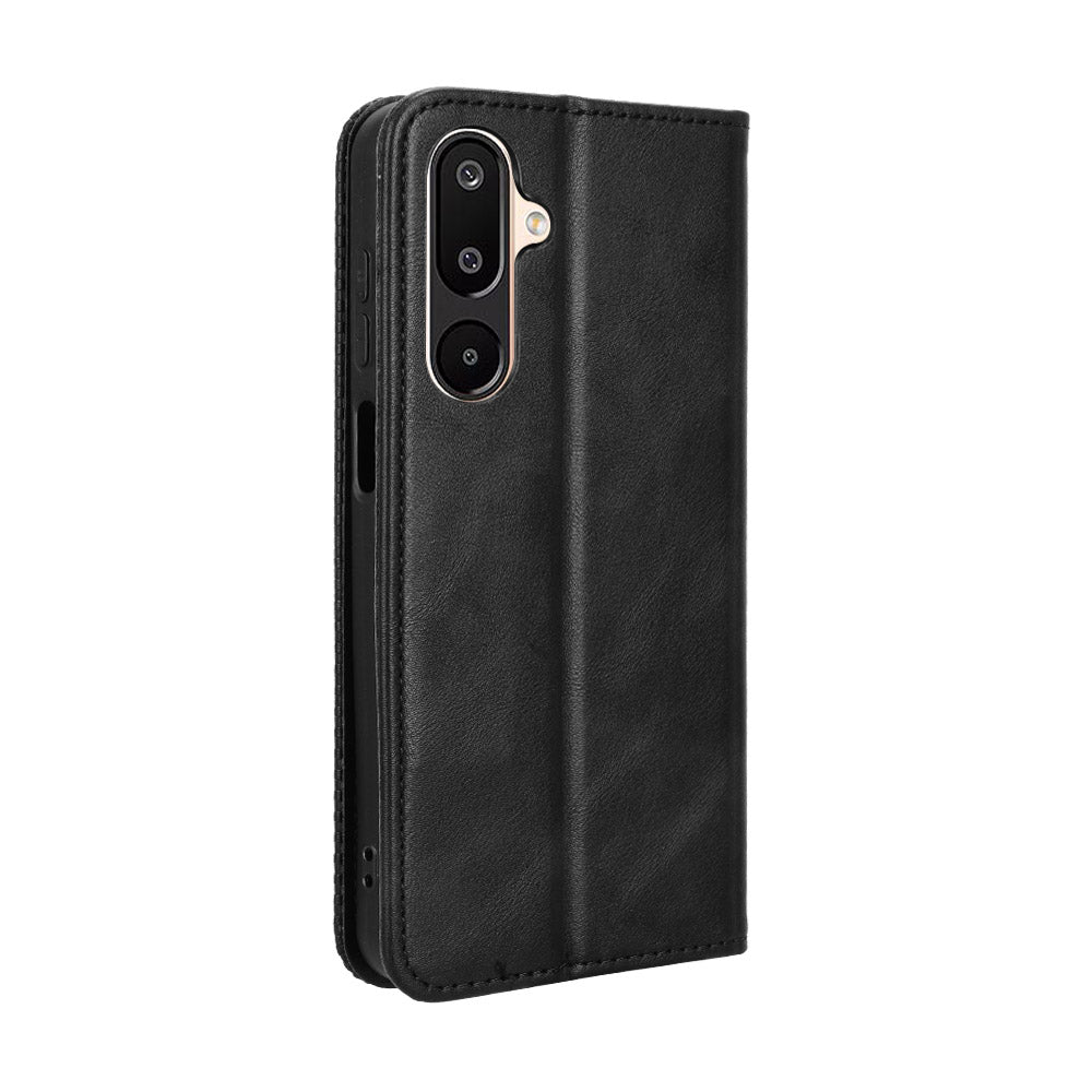 For Samsung Galaxy M16 5G / Galaxy F16 5G Retro PU Leather Case Phone Wallet Stand Cover - Black