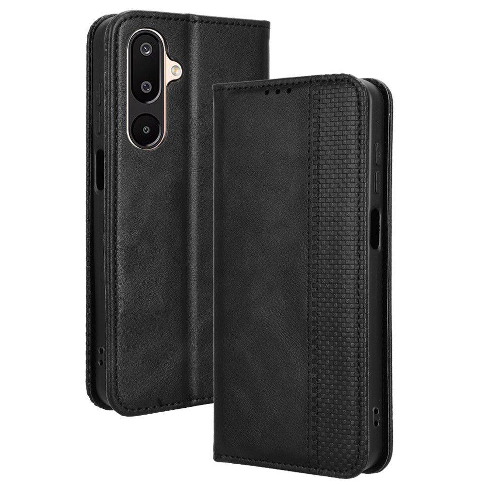 For Samsung Galaxy M16 5G / Galaxy F16 5G Retro PU Leather Case Phone Wallet Stand Cover - Black