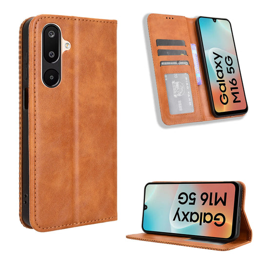 For Samsung Galaxy M16 5G / Galaxy F16 5G Retro PU Leather Case Phone Wallet Stand Cover - Brown
