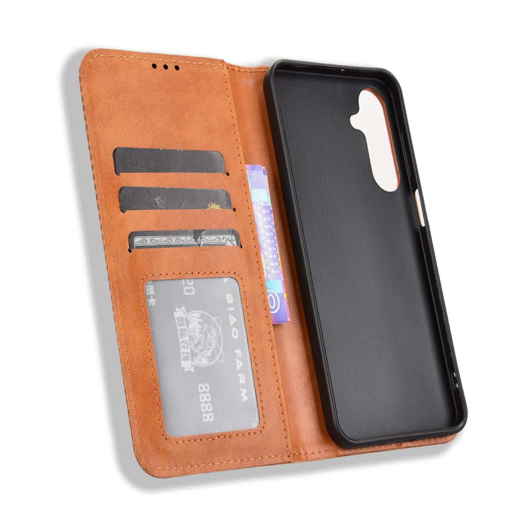 For Samsung Galaxy M16 5G / Galaxy F16 5G Retro PU Leather Case Phone Wallet Stand Cover - Brown