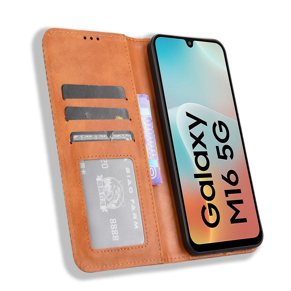 For Samsung Galaxy M16 5G / Galaxy F16 5G Retro PU Leather Case Phone Wallet Stand Cover - Brown