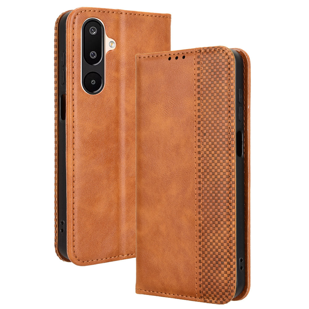 For Samsung Galaxy M16 5G / Galaxy F16 5G Retro PU Leather Case Phone Wallet Stand Cover - Brown