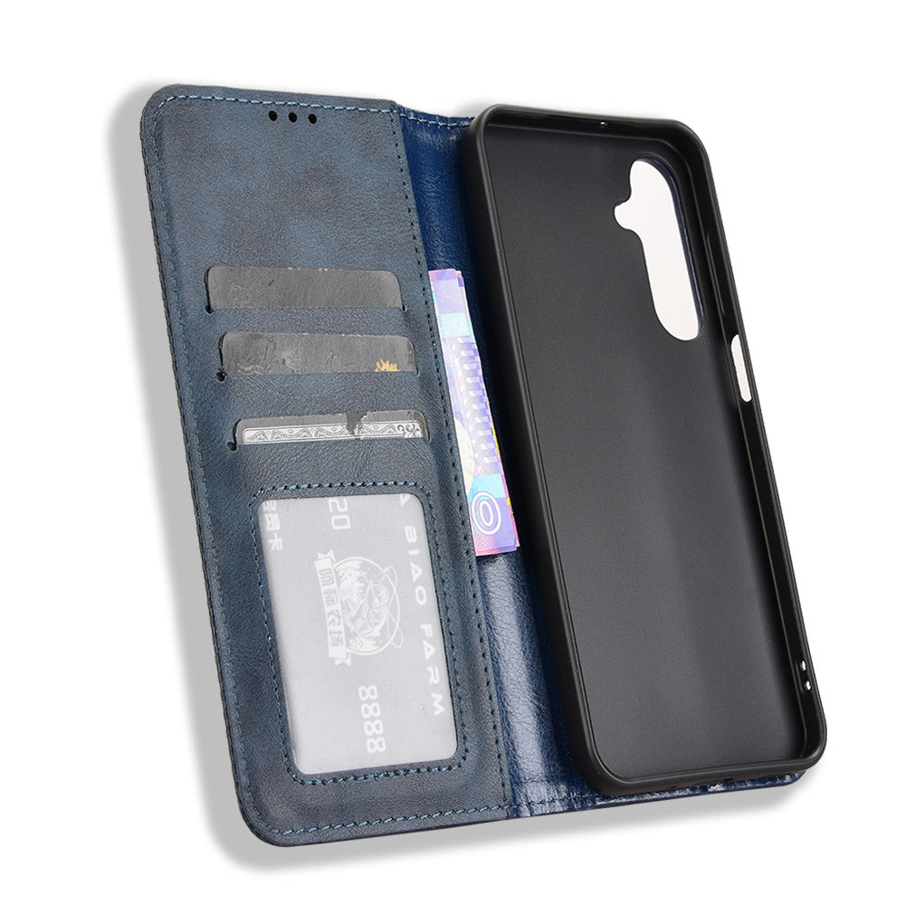 For Samsung Galaxy M16 5G / Galaxy F16 5G Retro PU Leather Case Phone Wallet Stand Cover - Blue