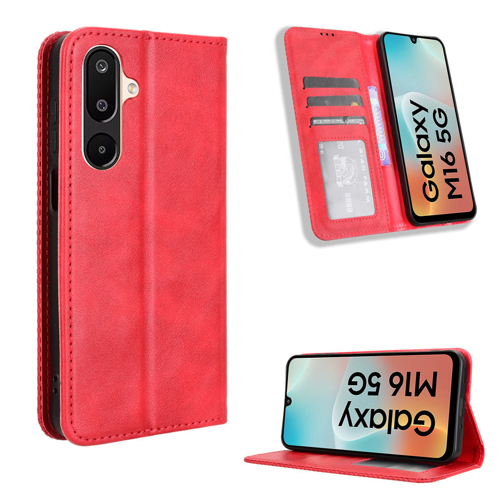 For Samsung Galaxy M16 5G / Galaxy F16 5G Retro PU Leather Case Phone Wallet Stand Cover - Red